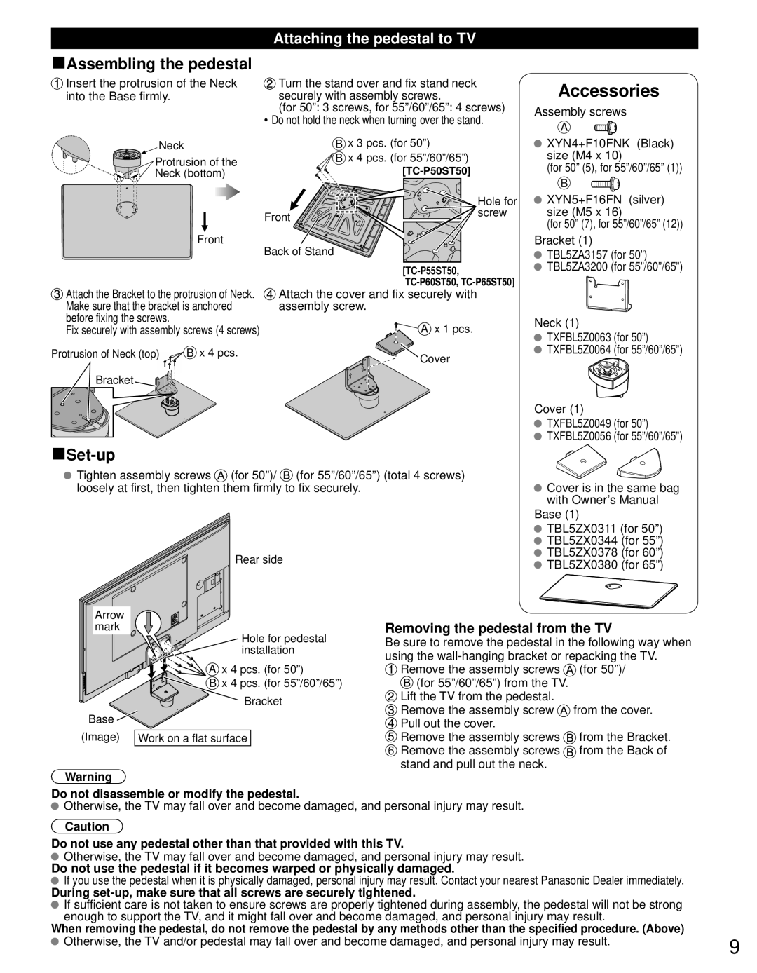 Panasonic TC-P55ST50, TC-P65ST50 Attaching the pedestal to TV, Removing the pedestal from the TV, Bracket, TBL5ZA3157 for 