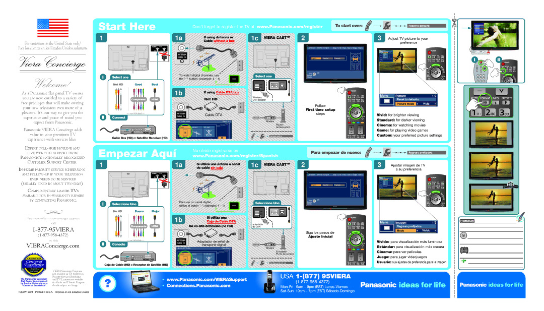 Panasonic TC46PGT24 warranty Start Here, Empezar Aquí, 877-95VIERA, VIERAConcierge.com 