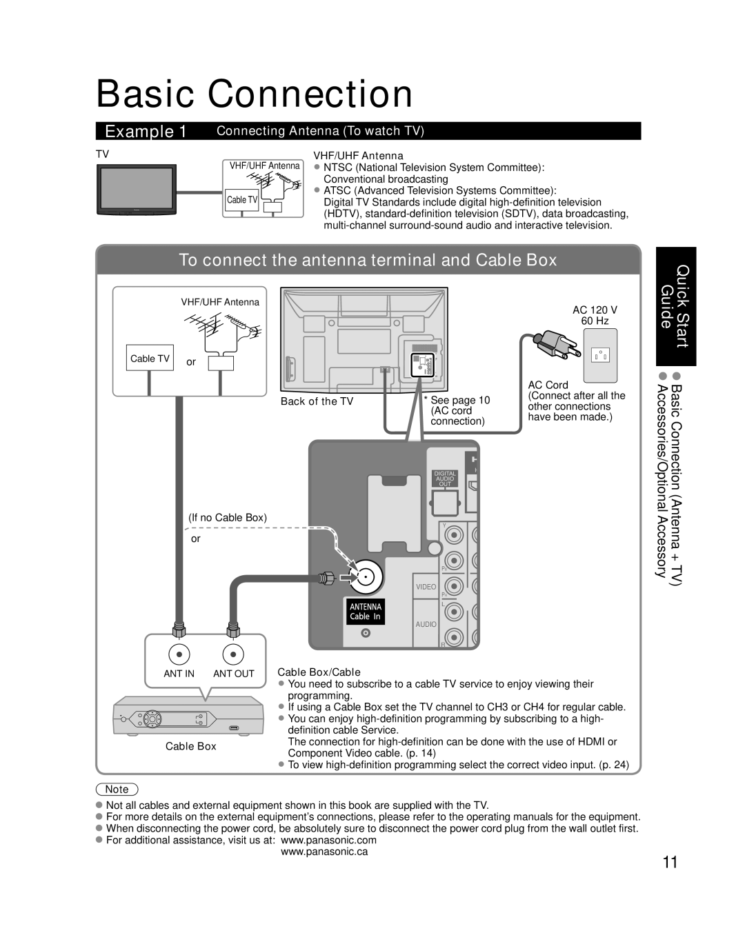 Panasonic TCP42X1 quick start Basic Connection, Connecting Antenna To watch TV 