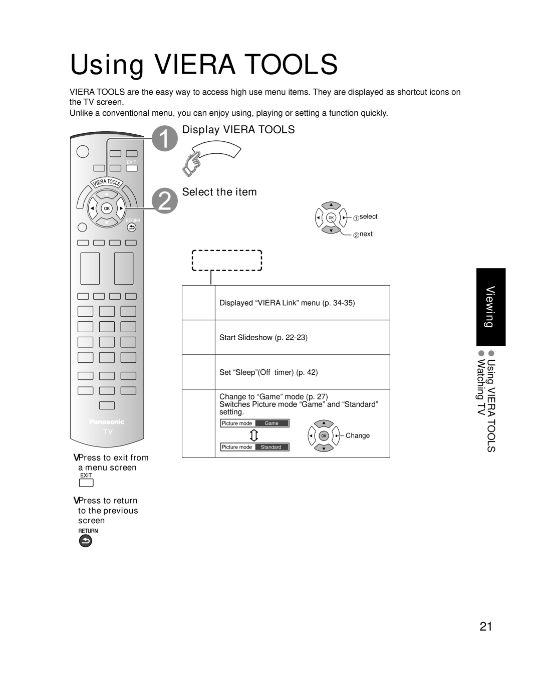 Panasonic TCP42X1 quick start Using Viera Tools, Display Viera Tools Select the item, Select next, Change 