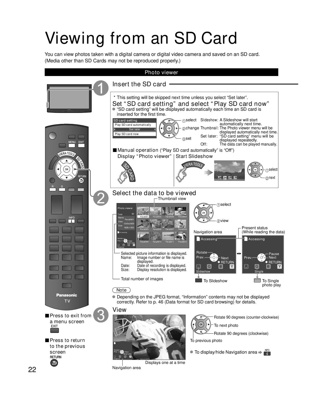 Panasonic TCP42X1 quick start Viewing from an SD Card, Insert the SD card, Set SD card setting and select Play SD card now 