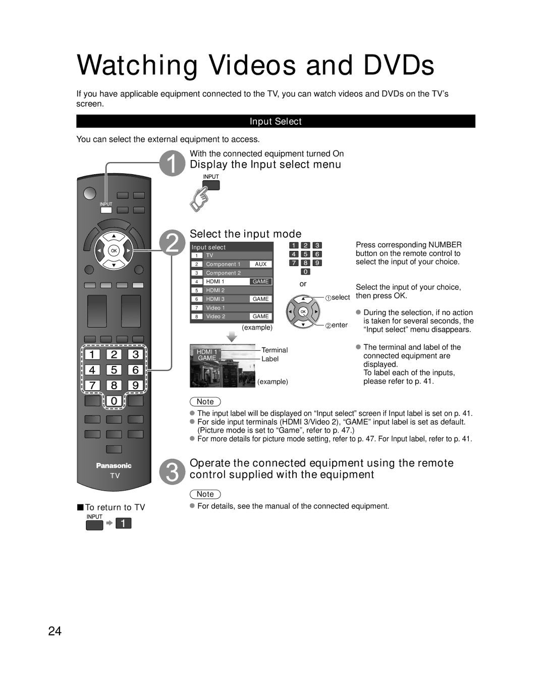 Panasonic TCP42X1 quick start Watching Videos and DVDs, Display the Input select menu Select the input mode, Input Select 