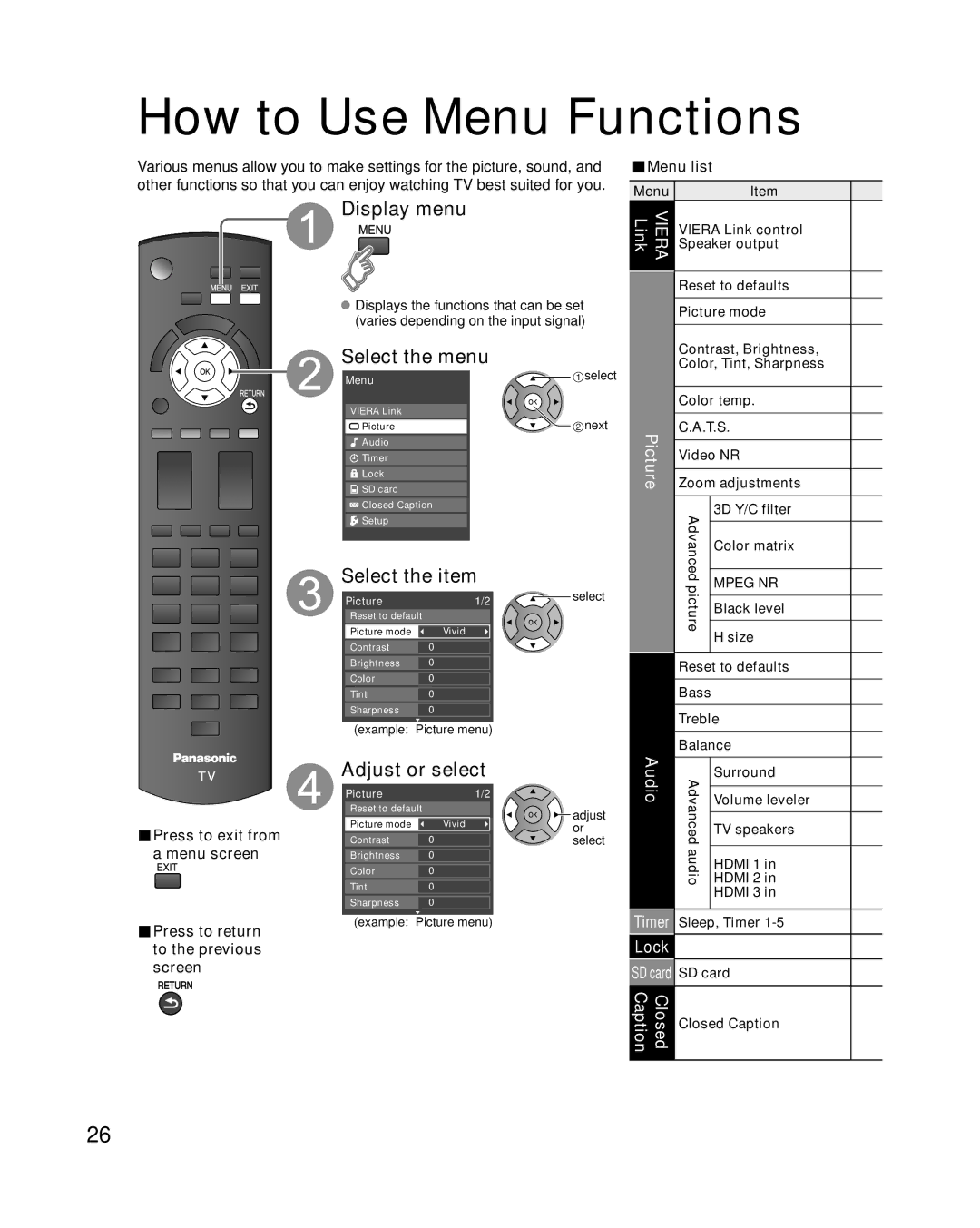 Panasonic TCP42X1 quick start How to Use Menu Functions, Display menu, Select the menu, Adjust or select 