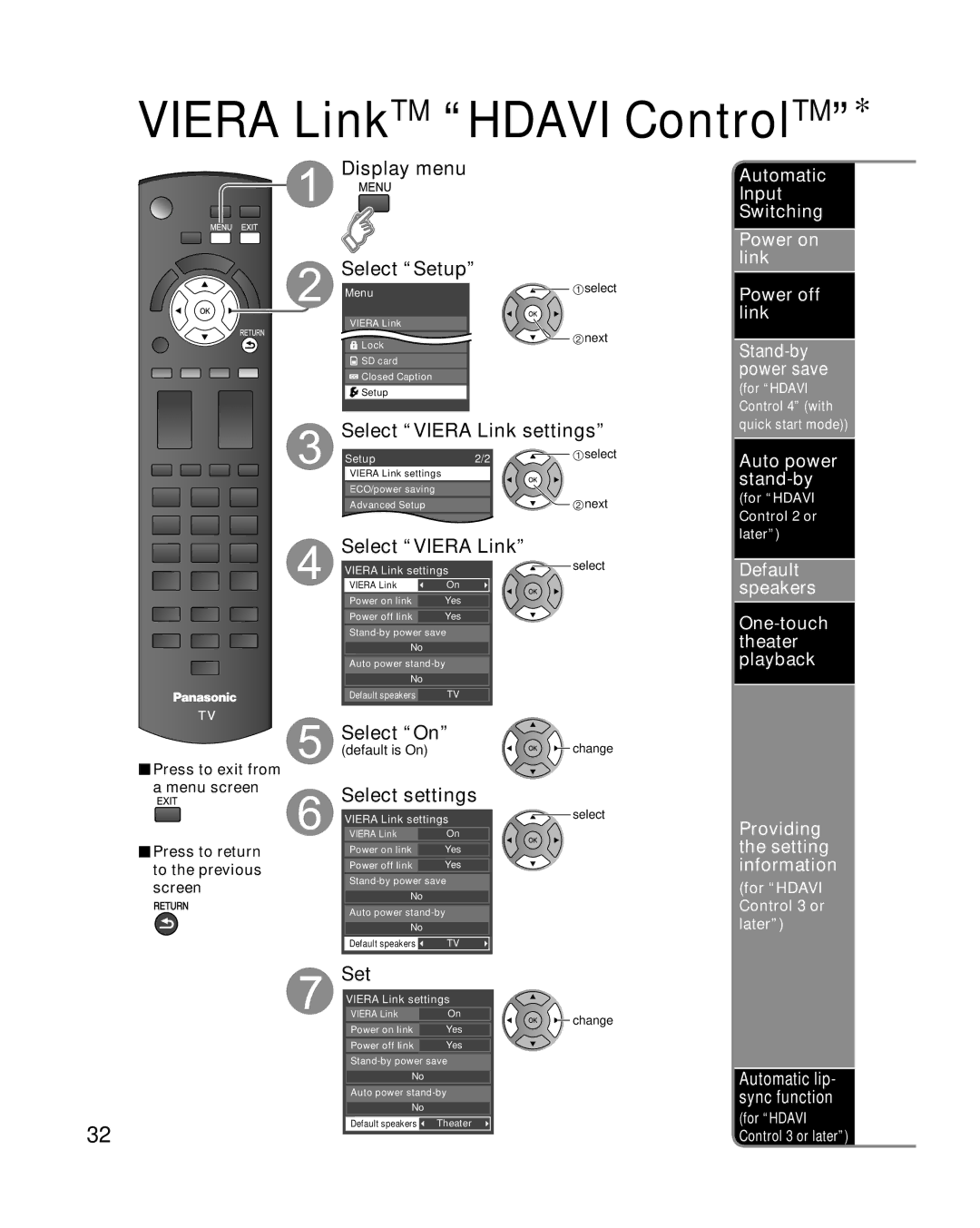 Panasonic TCP42X1 quick start Select Viera Link settings, Select settings, Set 