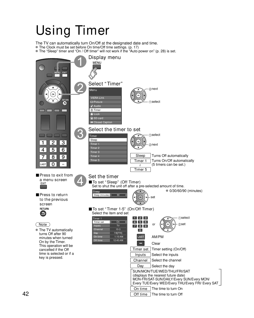 Panasonic TCP42X1 quick start Using Timer, Display menu Select Timer, Select the timer to set, Set the timer 