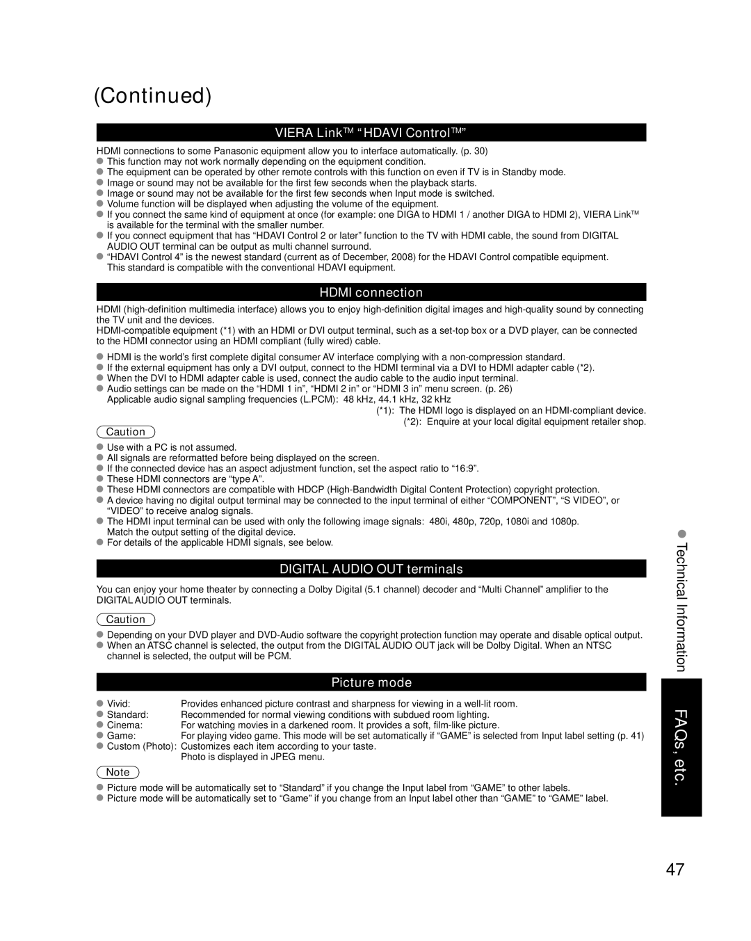 Panasonic TCP42X1 quick start Viera LinkTM Hdavi ControlTM, Hdmi connection, Digital Audio OUT terminals, Picture mode 