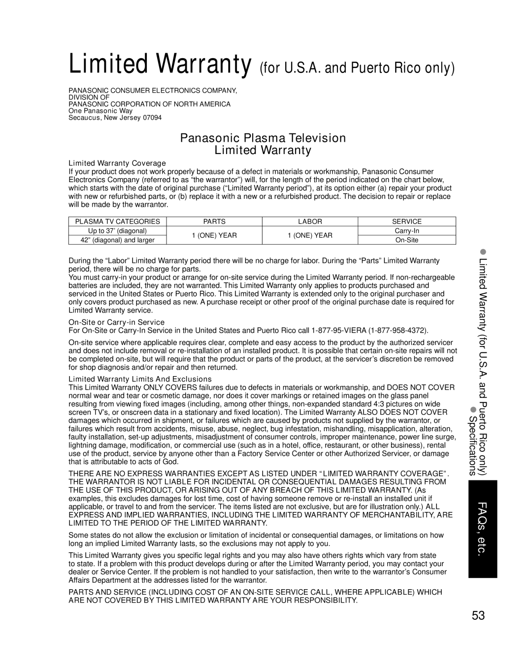 Panasonic TCP42X1 Limited Warranty Coverage, On-Site or Carry-in Service, Limited Warranty Limits And Exclusions, Carry-In 