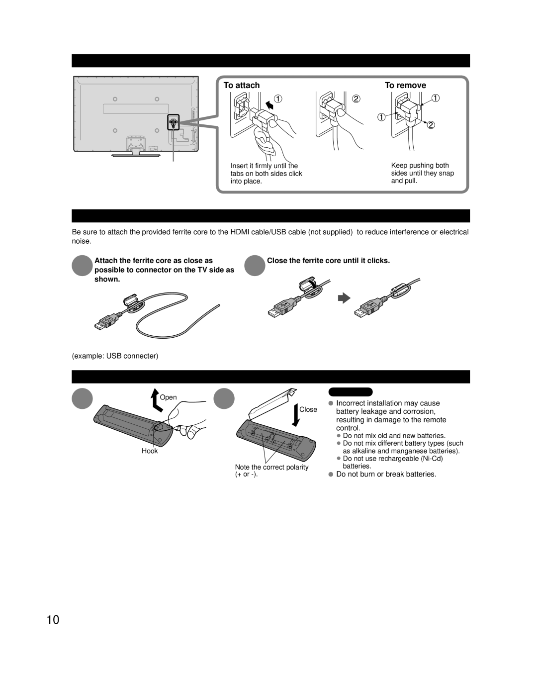 Panasonic TCP42XT50 Power cord connection, Attaching Ferrite Core, Installing the remote’s batteries, To attach To remove 