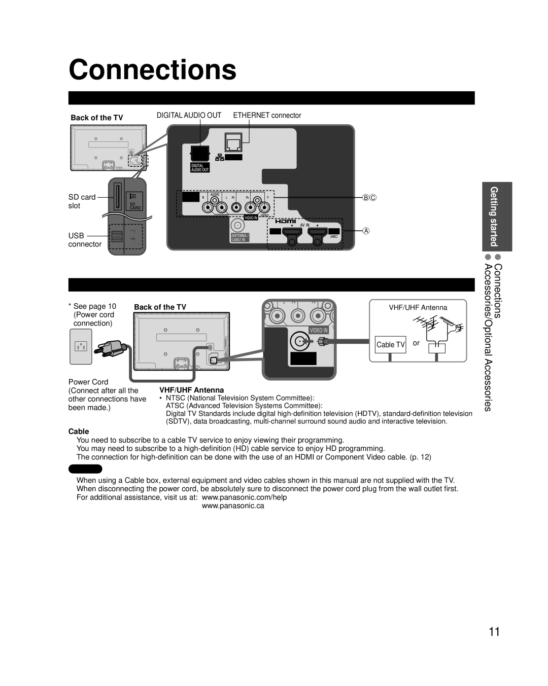 Panasonic TCP42XT50 owner manual Connections, Accessories, Connection Panels, Antenna or Cable connection 