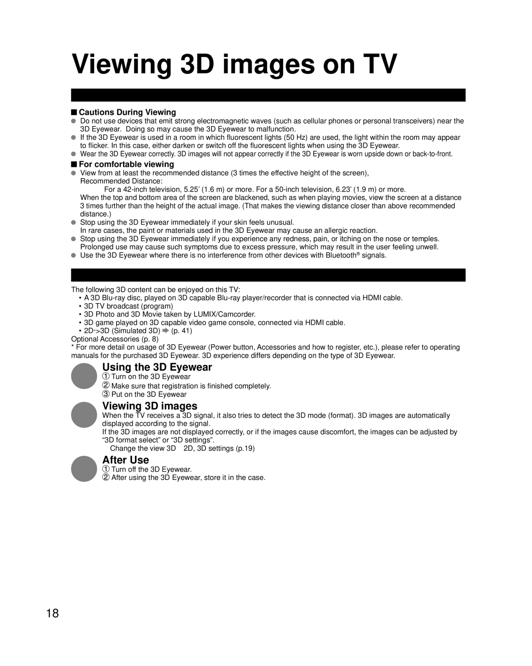 Panasonic TCP42XT50 owner manual Viewing 3D images on TV, Using the 3D Eyewear, After Use 