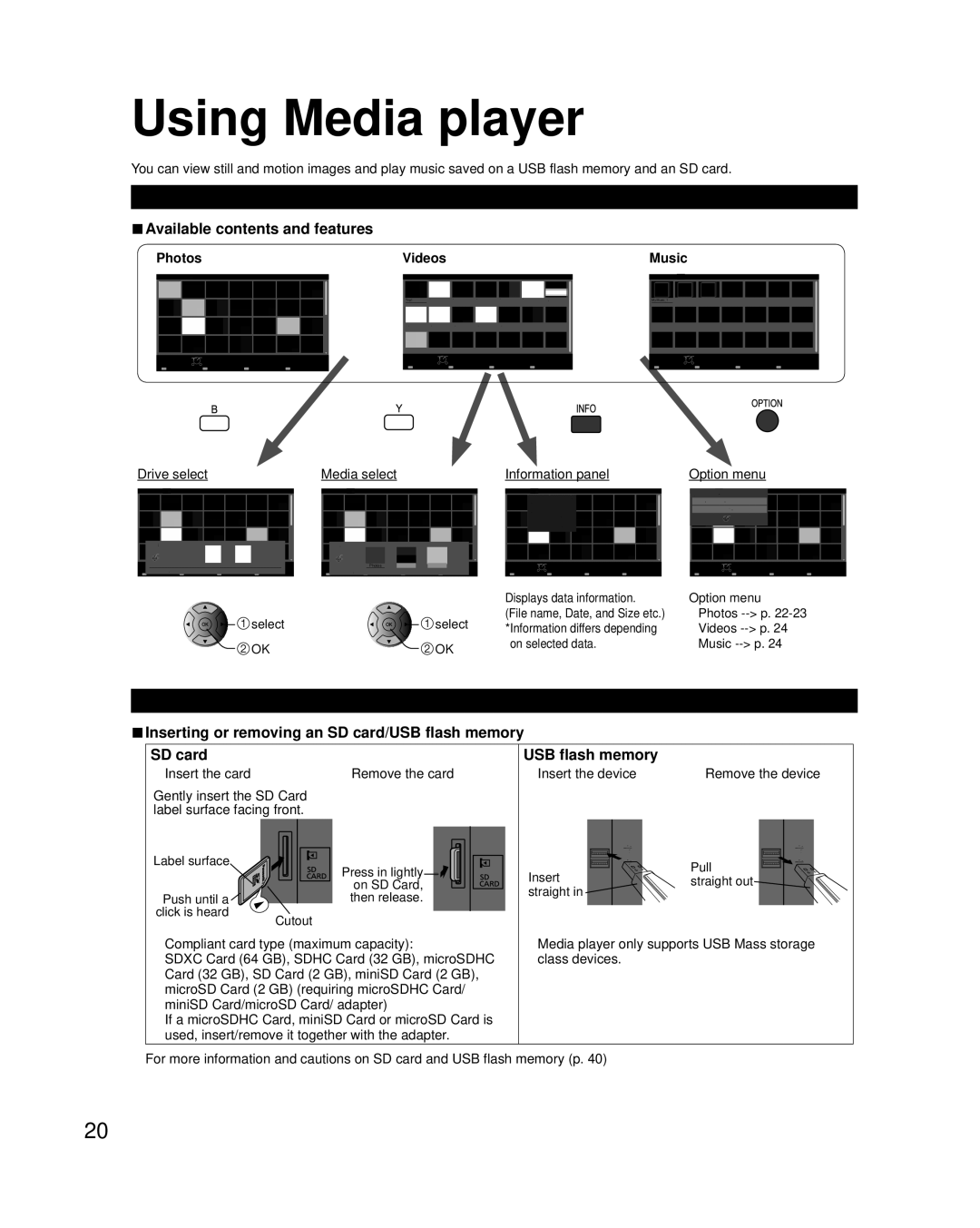 Panasonic TCP42XT50 owner manual Using Media player, Basic features for Media player, Media information 