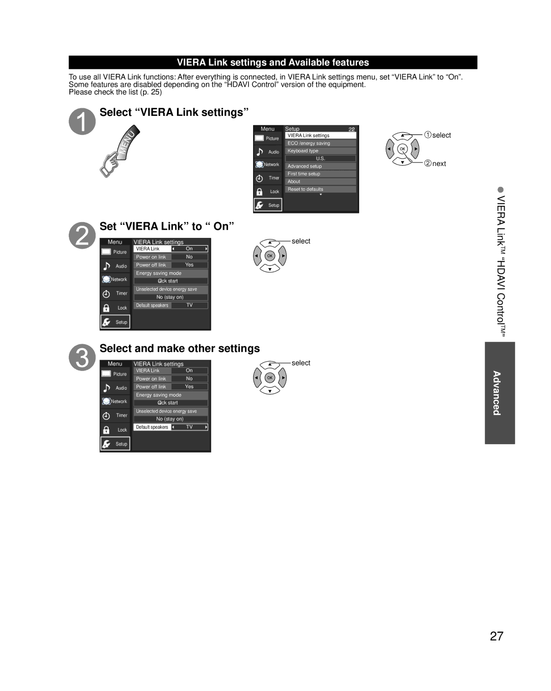 Panasonic TCP42XT50 owner manual Select Viera Link settings, Set Viera Link to On, Select and make other settings 