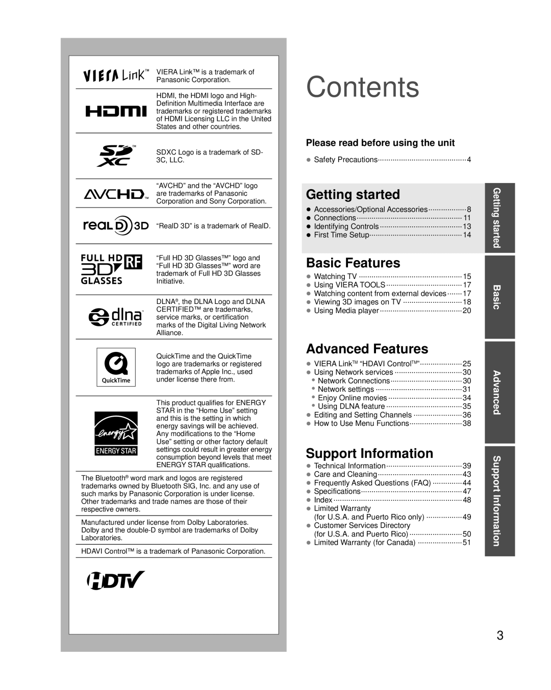 Panasonic TCP42XT50 owner manual Contents 