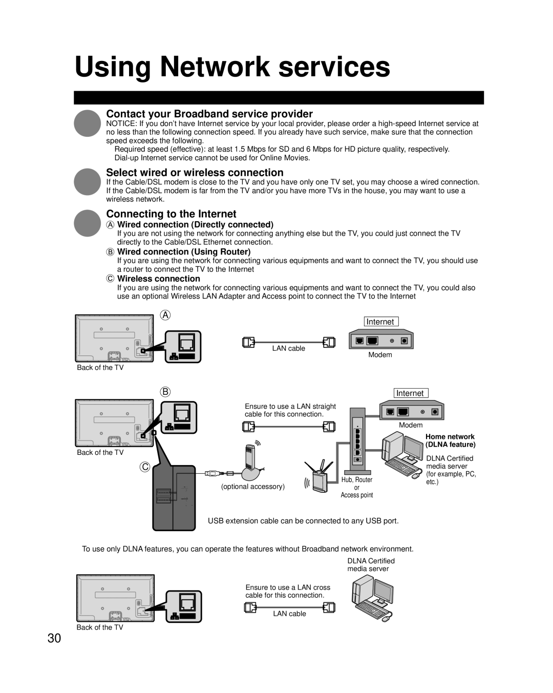 Panasonic TCP42XT50 Using Network services, Contact your Broadband service provider, Select wired or wireless connection 