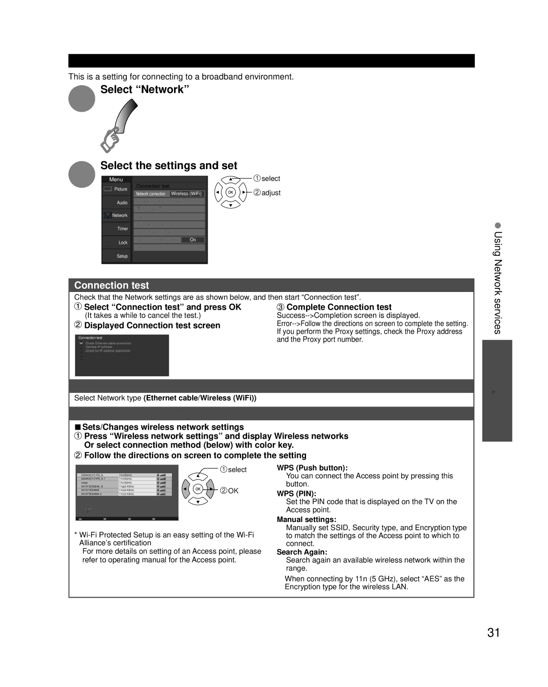 Panasonic TCP42XT50 Select Network Select the settings and set, Connection test, Network connection, Network settings 