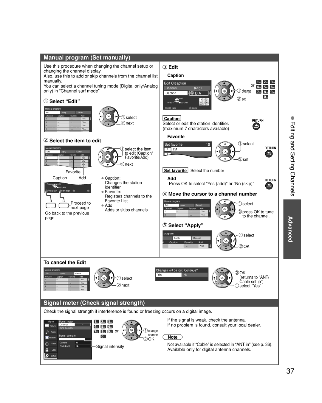 Panasonic TCP42XT50 owner manual Manual program Set manually, Setting Channels Advanced, Signal meter Check signal strength 