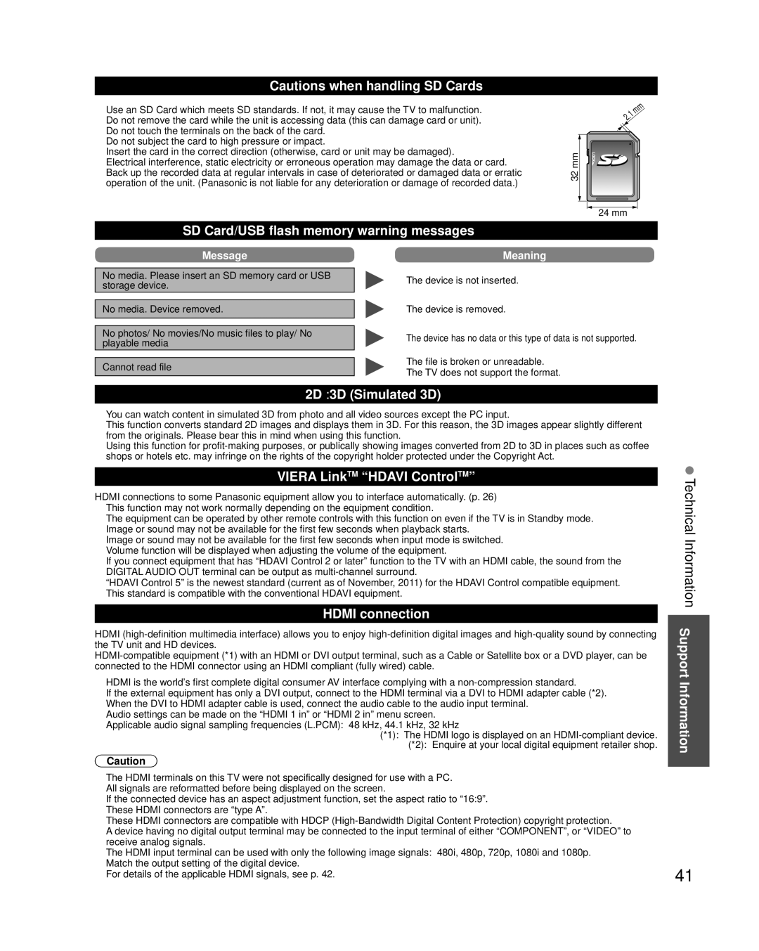 Panasonic TCP42XT50 Technical Information Support Information, SD Card/USB flash memory warning messages, Hdmi connection 