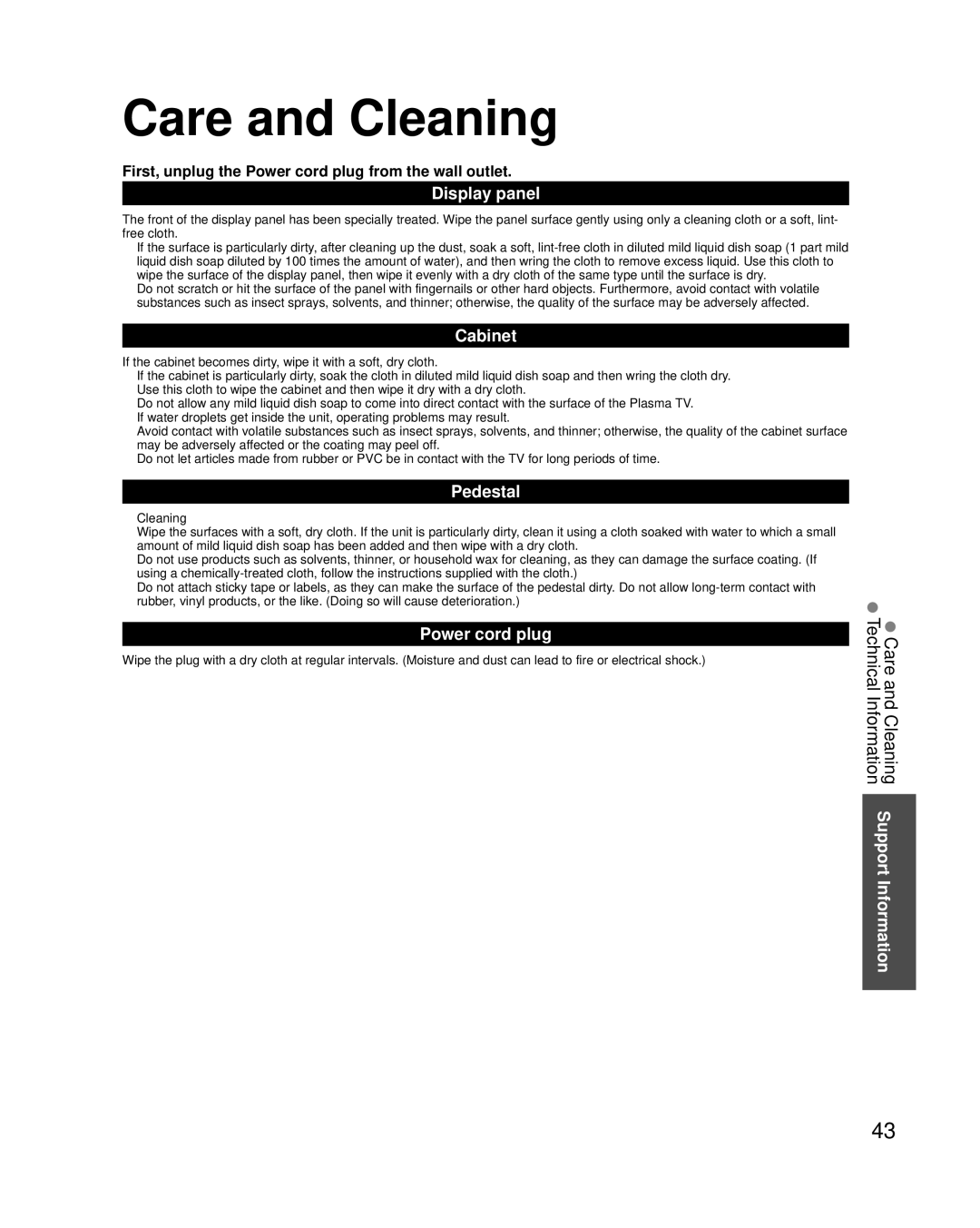 Panasonic TCP42XT50 owner manual Care and Cleaning, CareTechnicaland CleaningInformation Support Information 