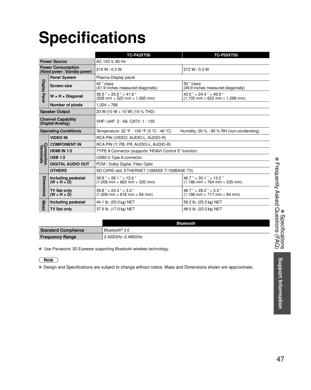 Panasonic TCP42XT50 owner manual Specifications, Standard Compliance, Frequency Range, TC-P42XT50 TC-P50XT50, Bluetooth 