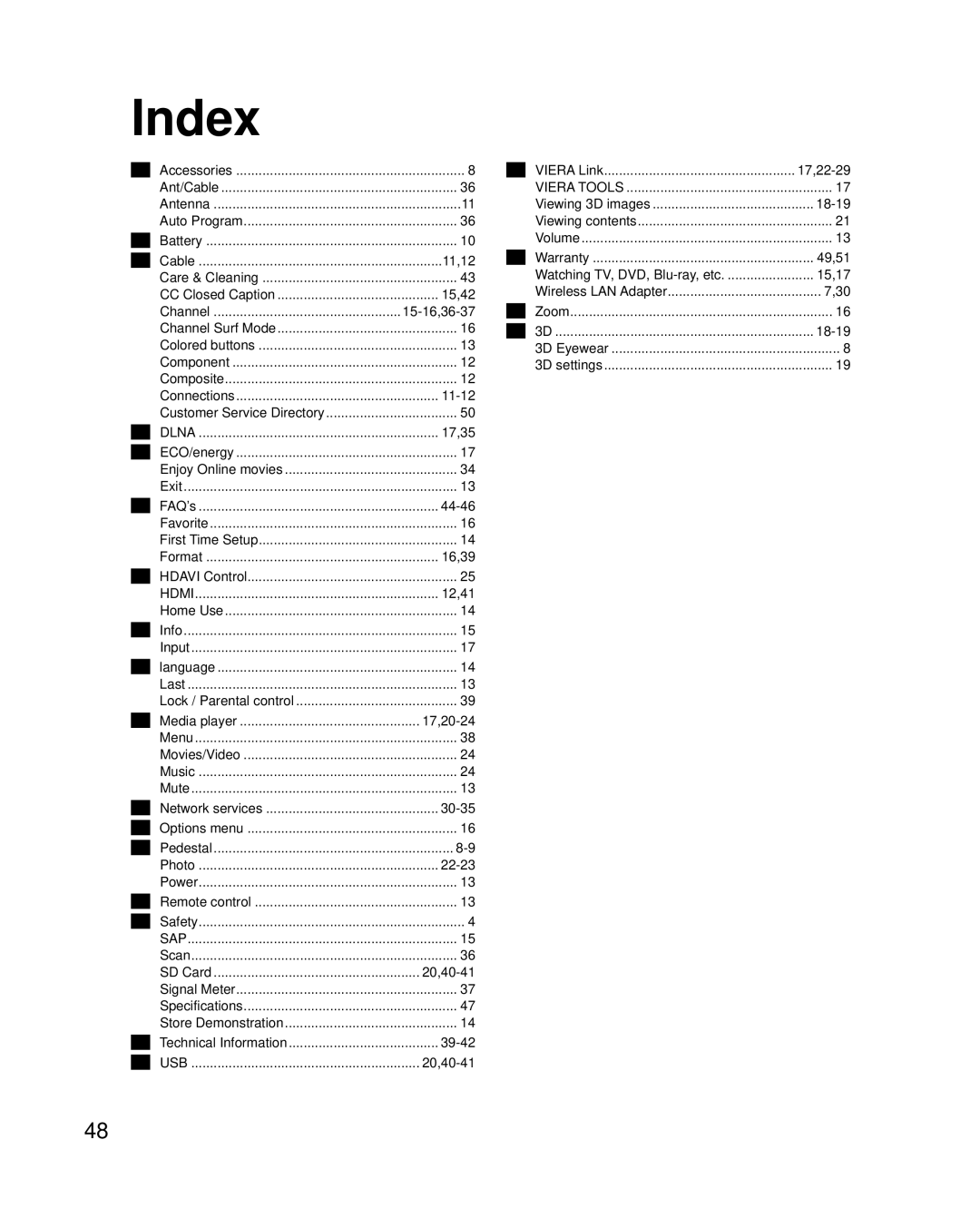 Panasonic TCP42XT50 owner manual Index 