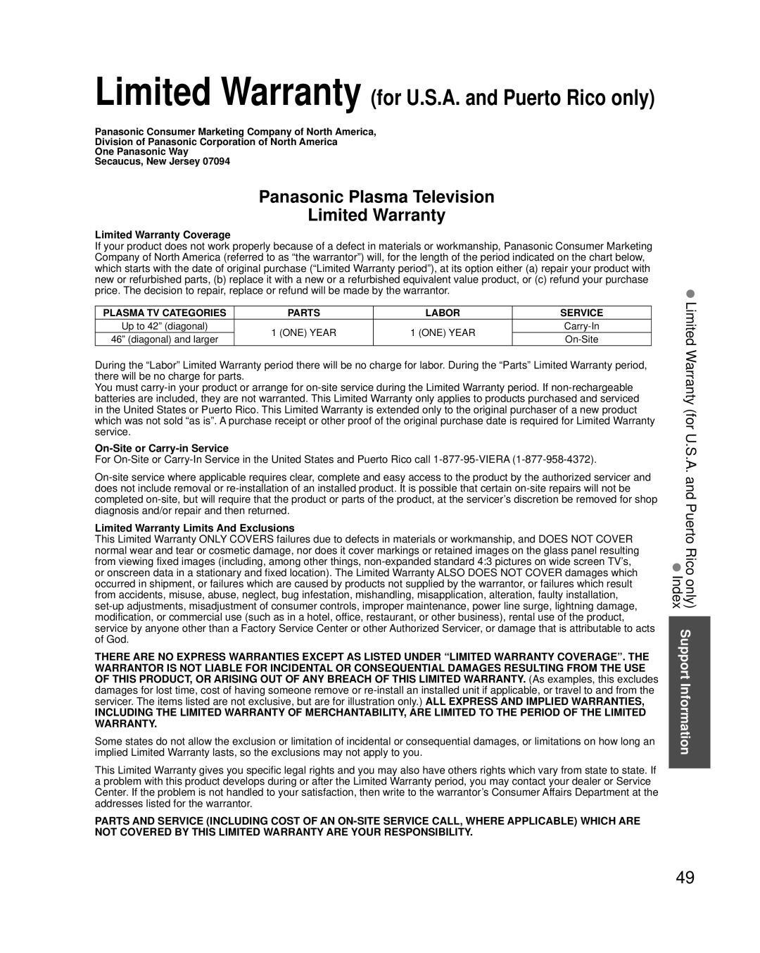 Panasonic TCP42XT50 Limited Warranty Coverage, On-Site or Carry-in Service, Limited Warranty Limits And Exclusions 