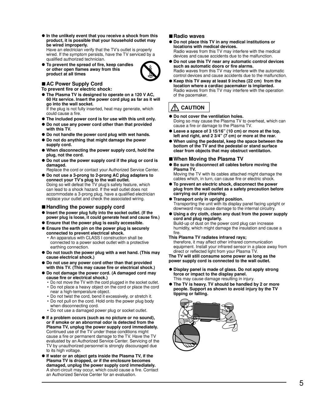 Panasonic TCP42XT50 AC Power Supply Cord, Handling the power supply cord, Radio waves, When Moving the Plasma TV 