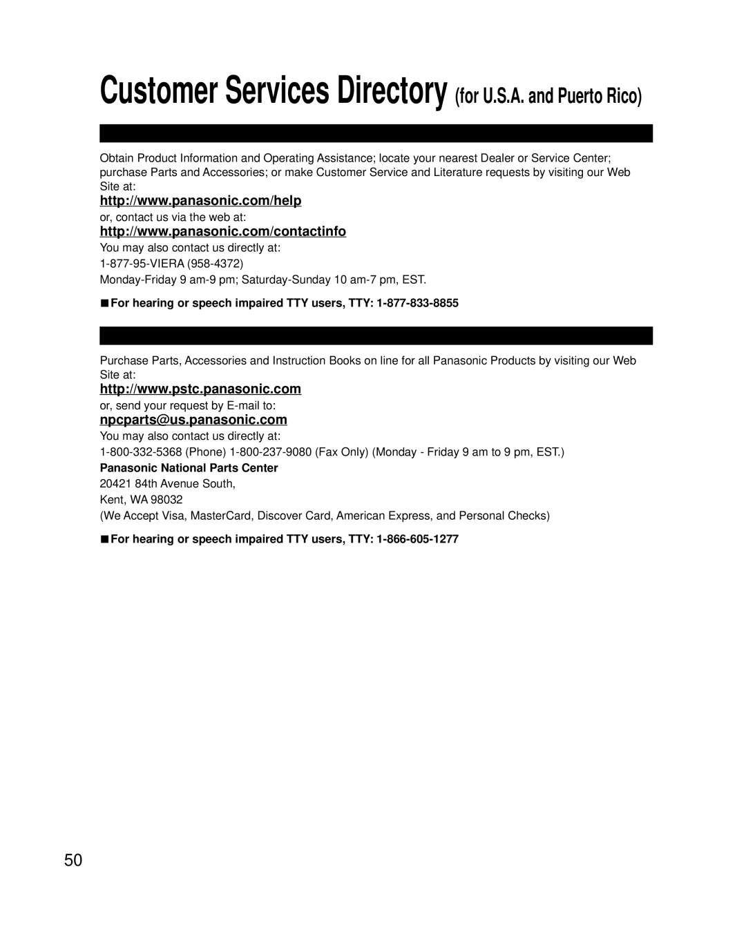 Panasonic TCP42XT50 owner manual Customer Services Directory United States and Puerto Rico, Panasonic National Parts Center 