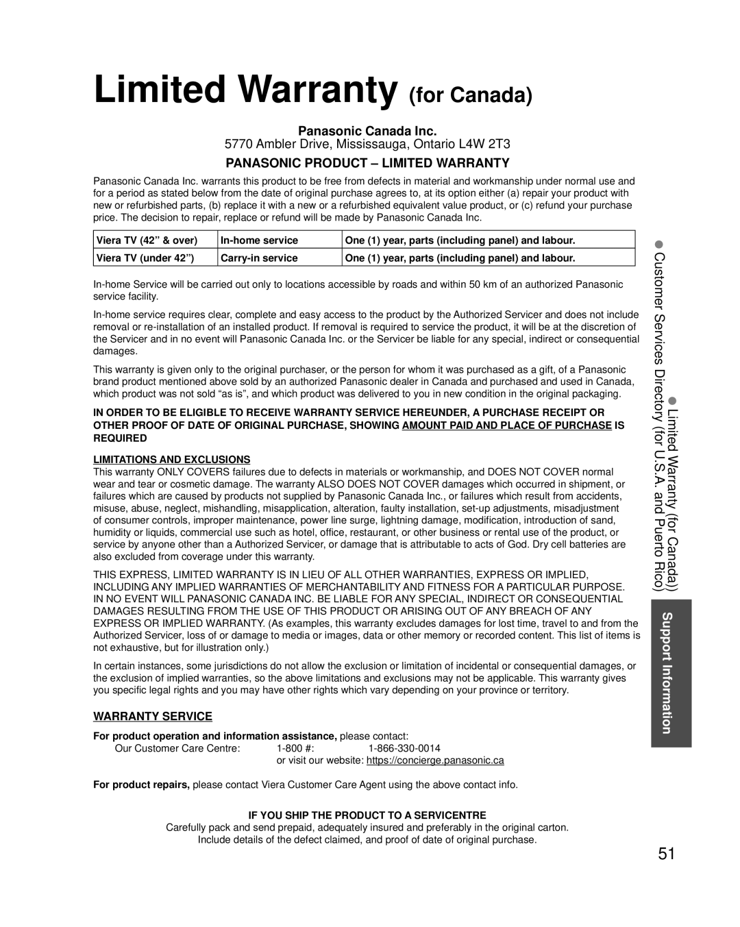 Panasonic TCP42XT50 owner manual Limited Warranty for Canada, Panasonic Product Limited Warranty 