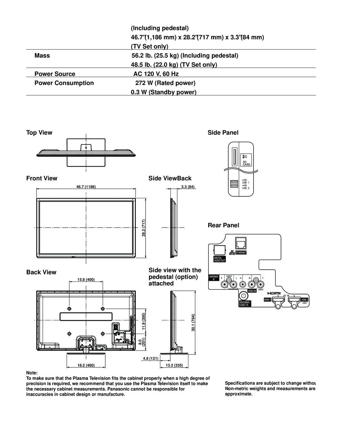 Panasonic TCP42XT50 owner manual Side Panel Rear Panel Back View, Side view with the pedestal option attached 