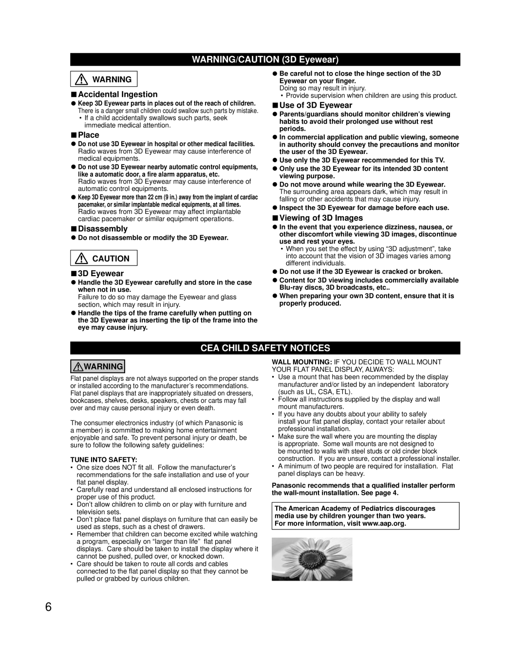 Panasonic TCP42XT50 owner manual Accidental Ingestion, Place, Disassembly, Use of 3D Eyewear, Viewing of 3D Images 