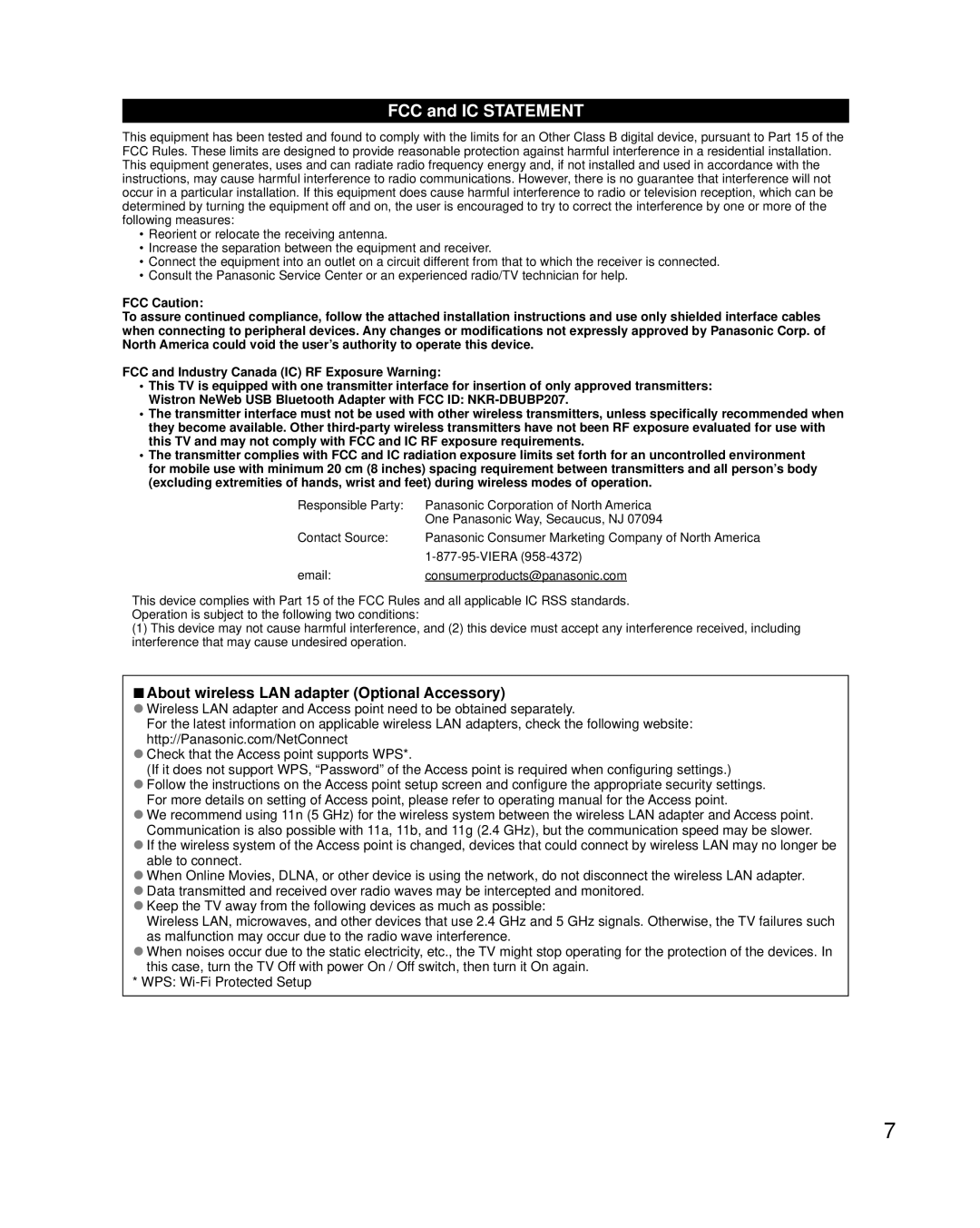 Panasonic TCP42XT50 owner manual FCC and IC Statement, About wireless LAN adapter Optional Accessory 