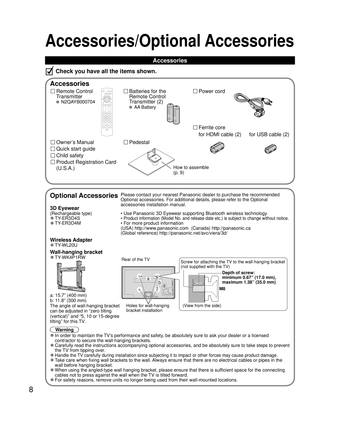 Panasonic TCP42XT50 owner manual Optional Accessories, Wireless Adapter, Wall-hanging bracket 