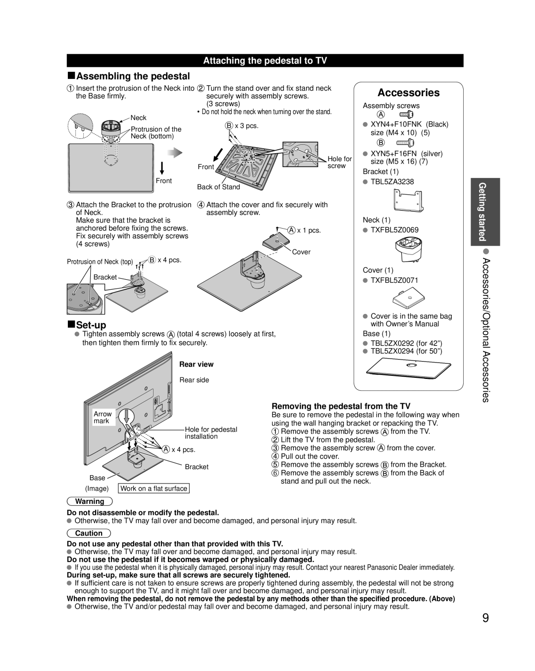 Panasonic TCP42XT50 owner manual Attaching the pedestal to TV, Removing the pedestal from the TV, Rear view 