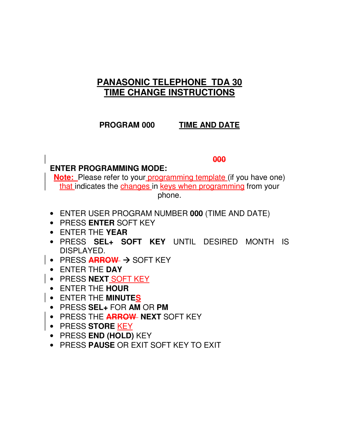 Panasonic TDA 30 manual Panasonic Telephone TDA Time Change Instructions, Enter Programming Mode, Press Next Soft KEY 