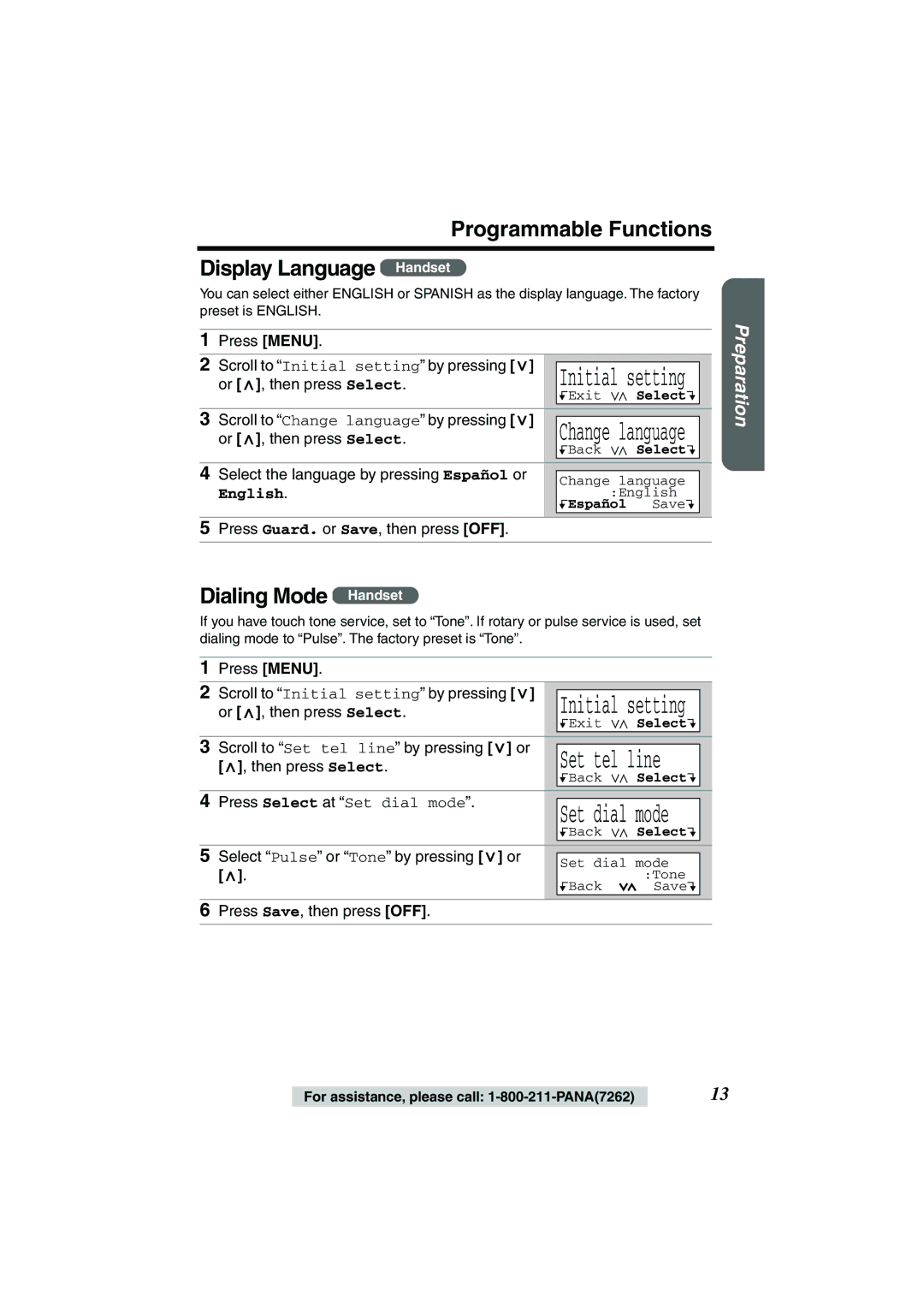 Panasonic TG2258PW operating instructions Programmable Functions Display Language Handset, Dialing Mode Handset 