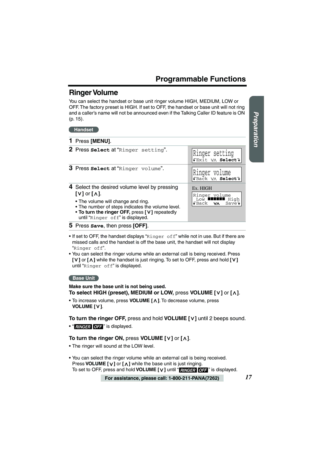 Panasonic TG2258PW operating instructions Programmable Functions Ringer Volume, Select the desired volume level by pressing 