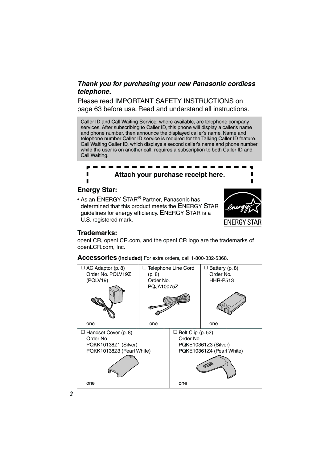 Panasonic TG2258PW operating instructions Attach your purchase receipt here Energy Star, Trademarks 