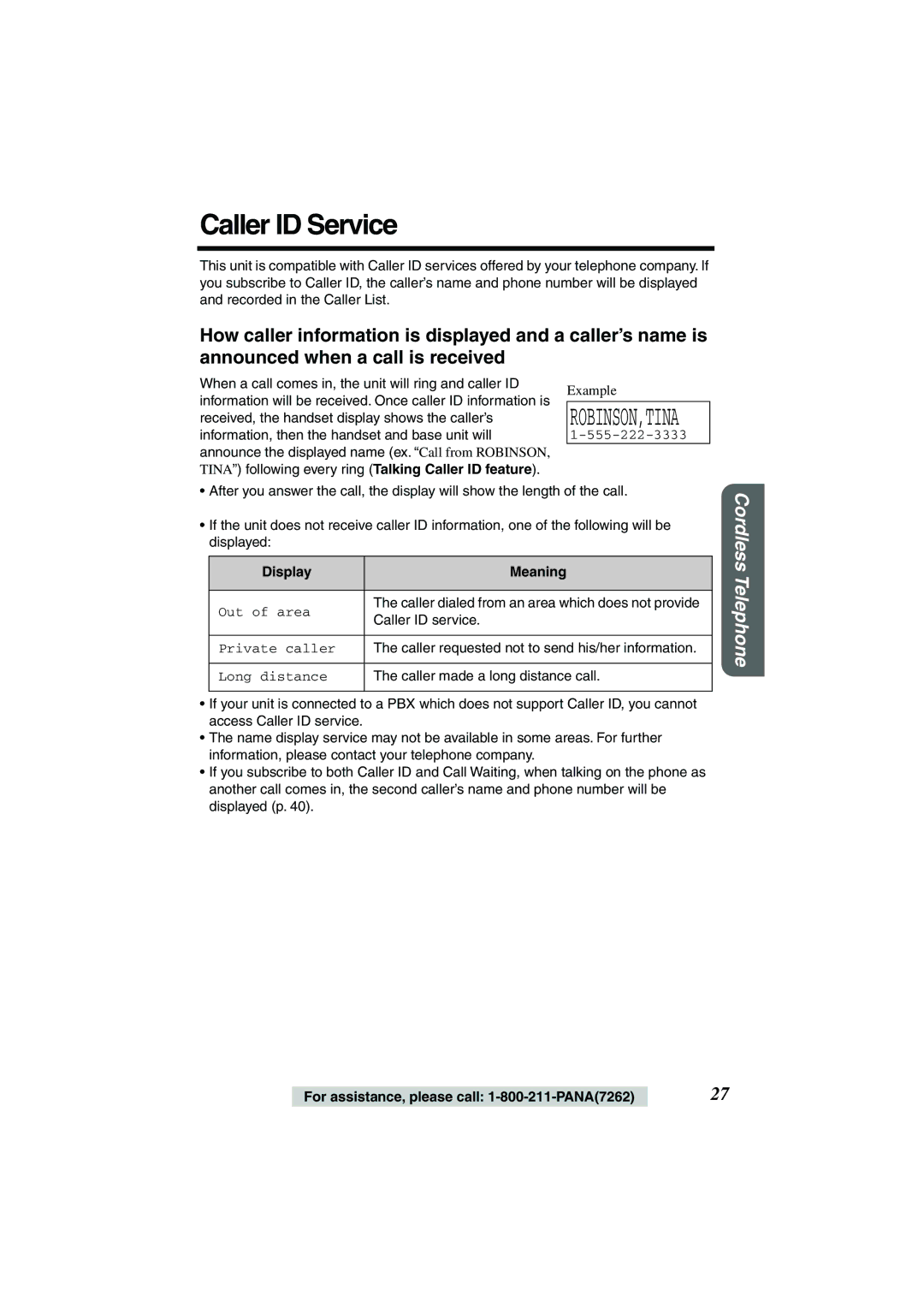 Panasonic TG2258PW operating instructions Caller ID Service, Display Meaning 