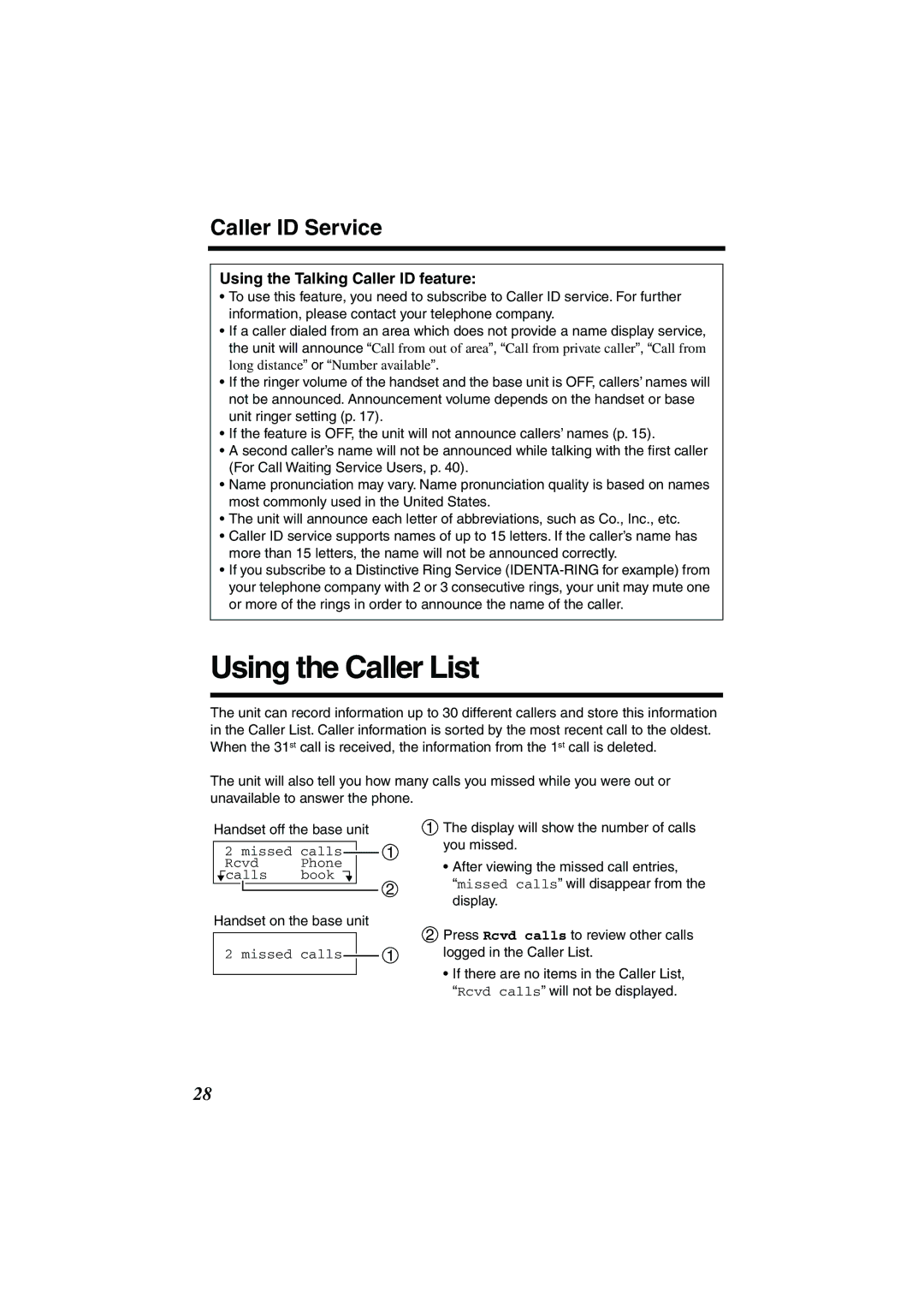 Panasonic TG2258PW operating instructions Caller ID Service, Using the Talking Caller ID feature 