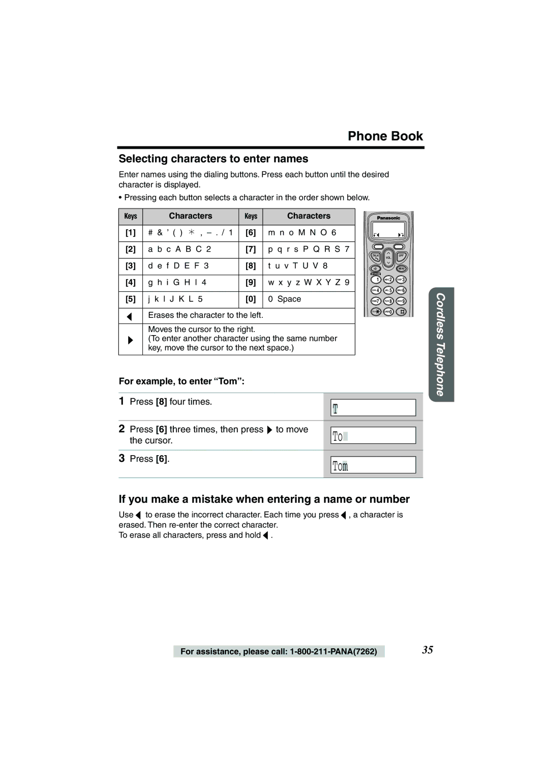 Panasonic TG2258PW Phone Book, Selecting characters to enter names, If you make a mistake when entering a name or number 