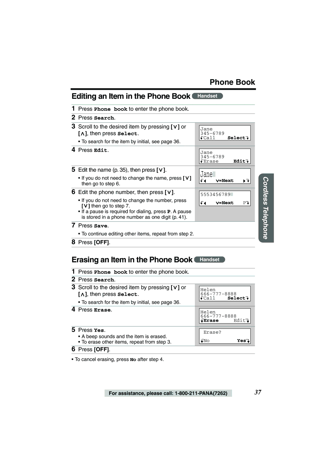 Panasonic TG2258PW Erasing an Item in the Phone Book Handset, Edit the phone number, then press, Press Erase 