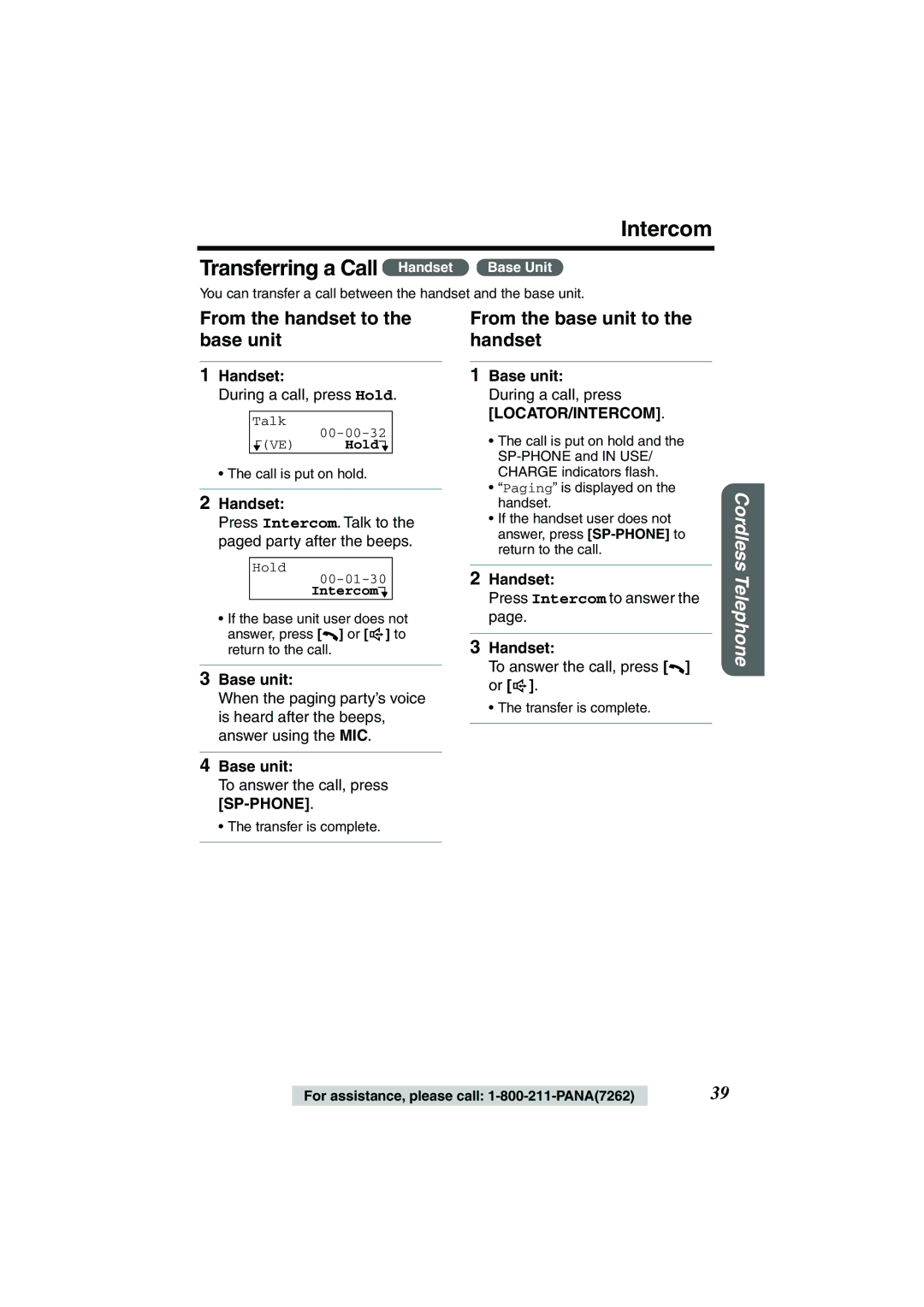 Panasonic TG2258PW operating instructions Intercom, From the handset to the base unit, From the base unit to the handset 