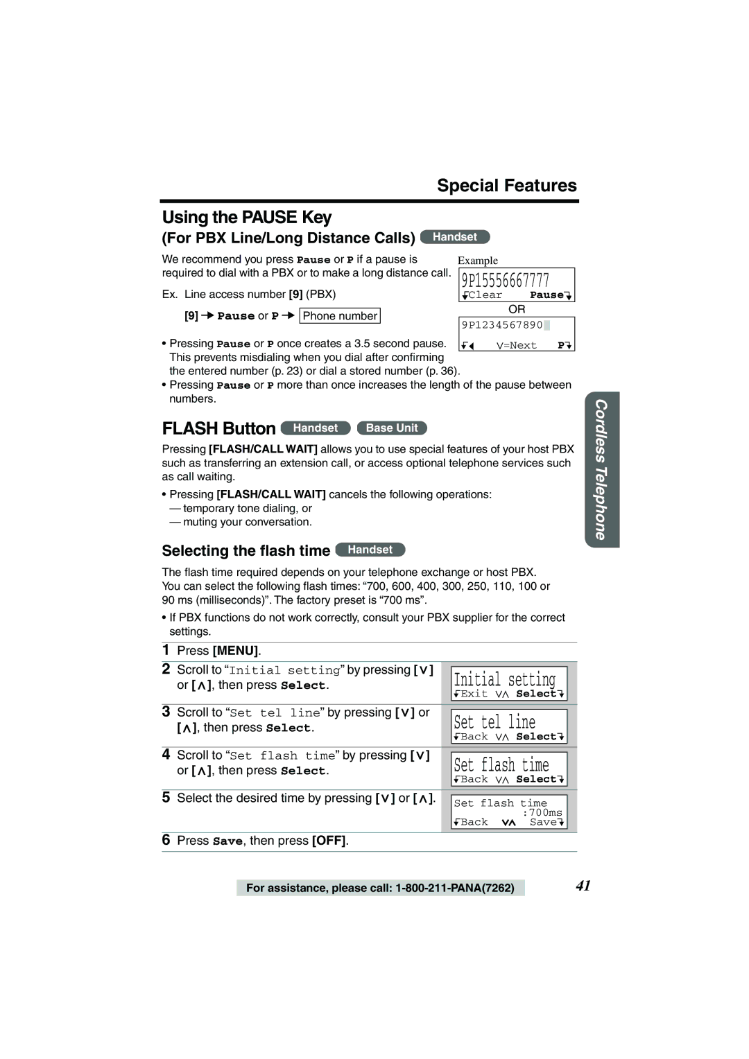 Panasonic TG2258PW operating instructions Special Features Using the Pause Key, For PBX Line/Long Distance Calls Handset 