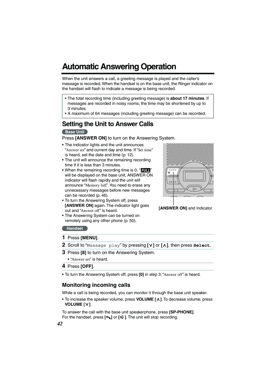 Panasonic TG2258PW Automatic Answering Operation, Setting the Unit to Answer Calls, Monitoring incoming calls 