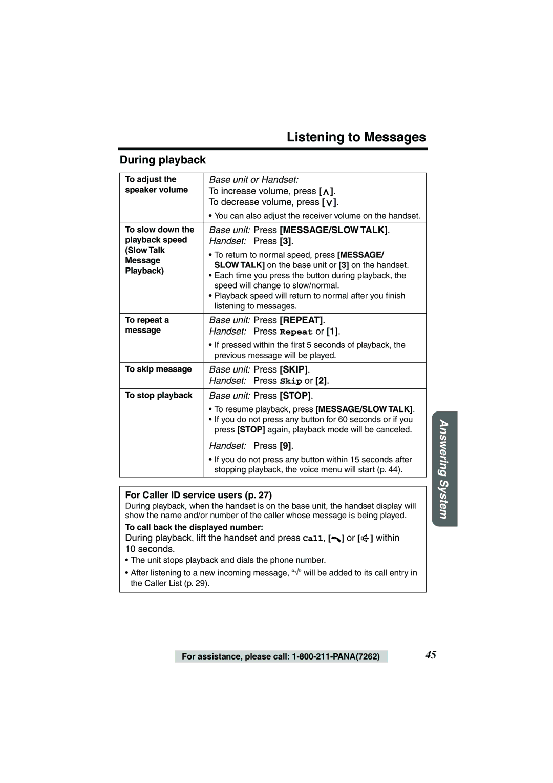 Panasonic TG2258PW operating instructions Listening to Messages, During playback, To call back the displayed number 