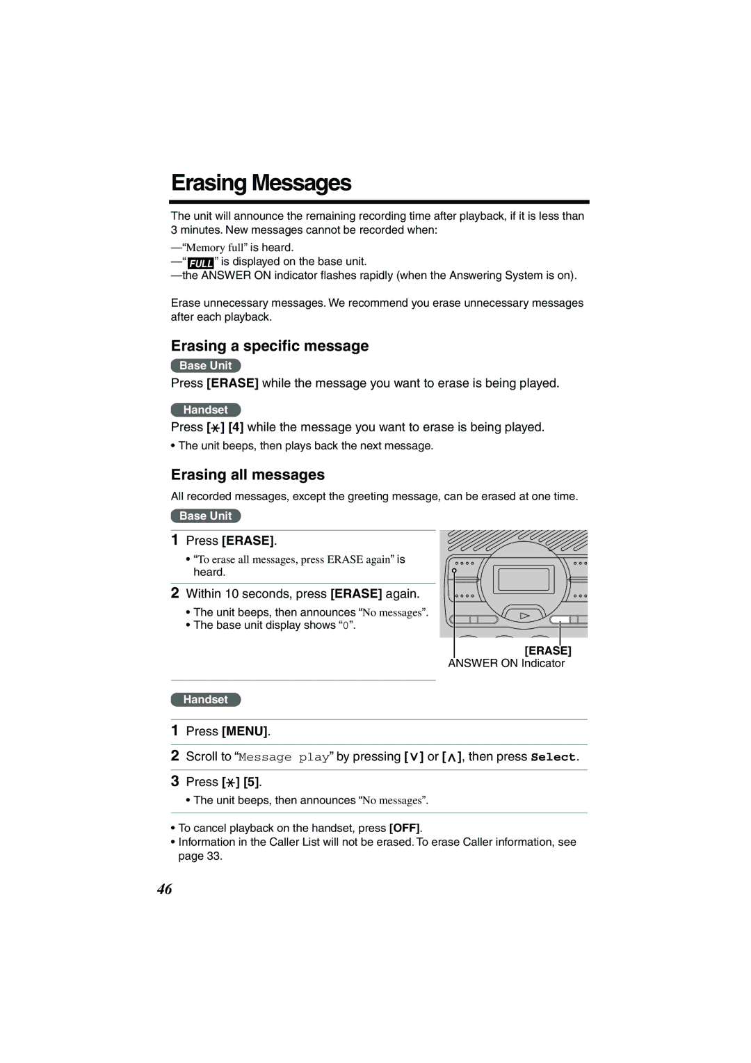 Panasonic TG2258PW Erasing Messages, Erasing a speciﬁc message, Erasing all messages, Within 10 seconds, press Erase again 