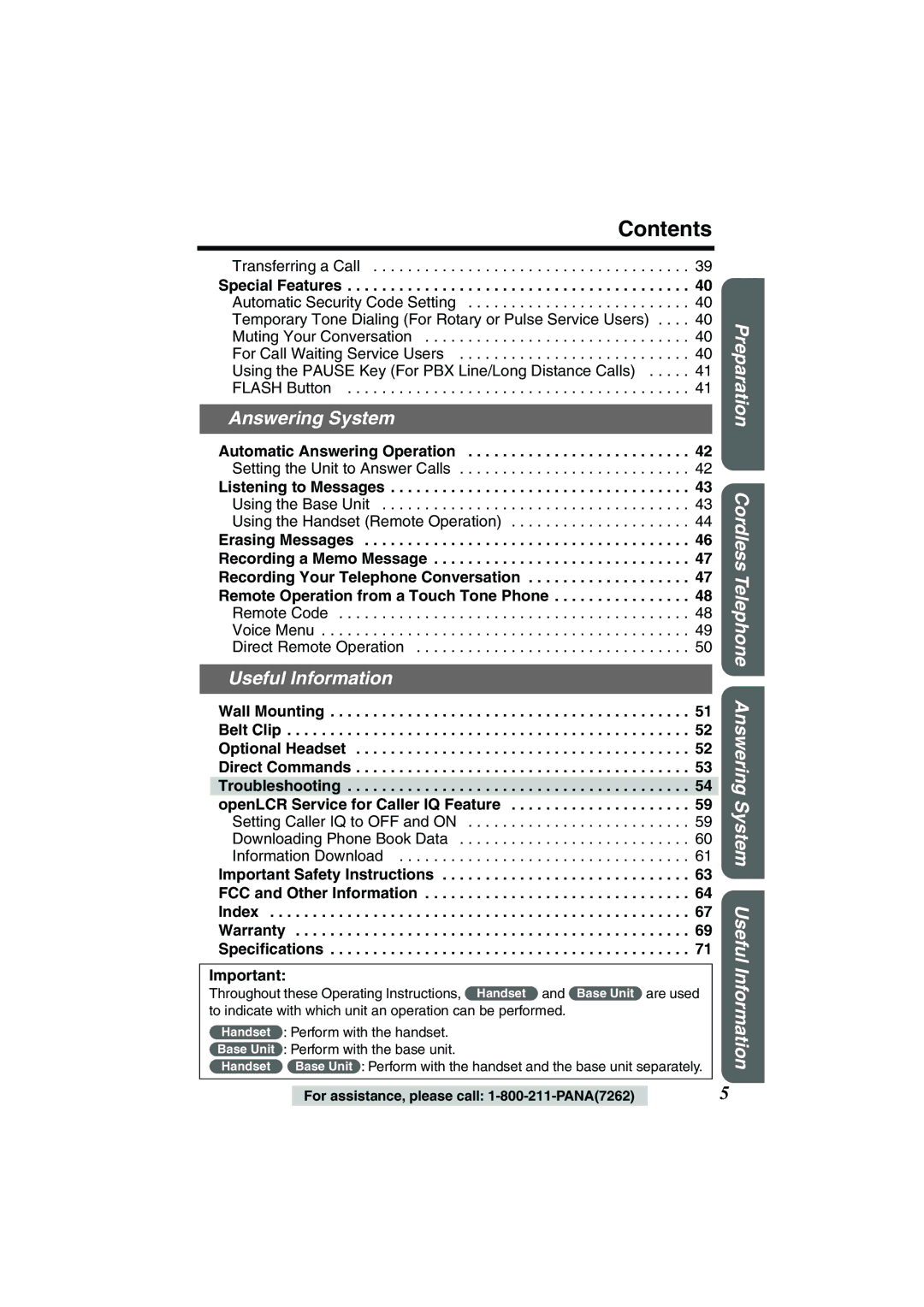 Panasonic TG2258PW operating instructions Contents 