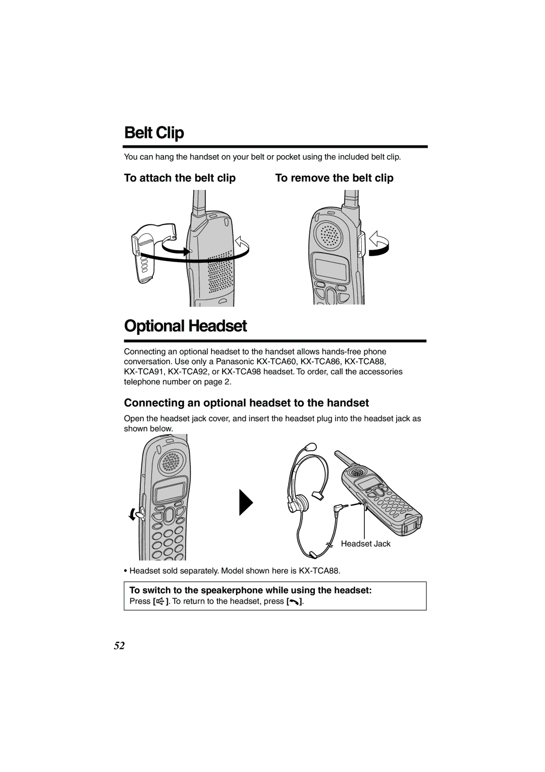 Panasonic TG2258PW operating instructions Belt Clip, Optional Headset, To attach the belt clip To remove the belt clip 