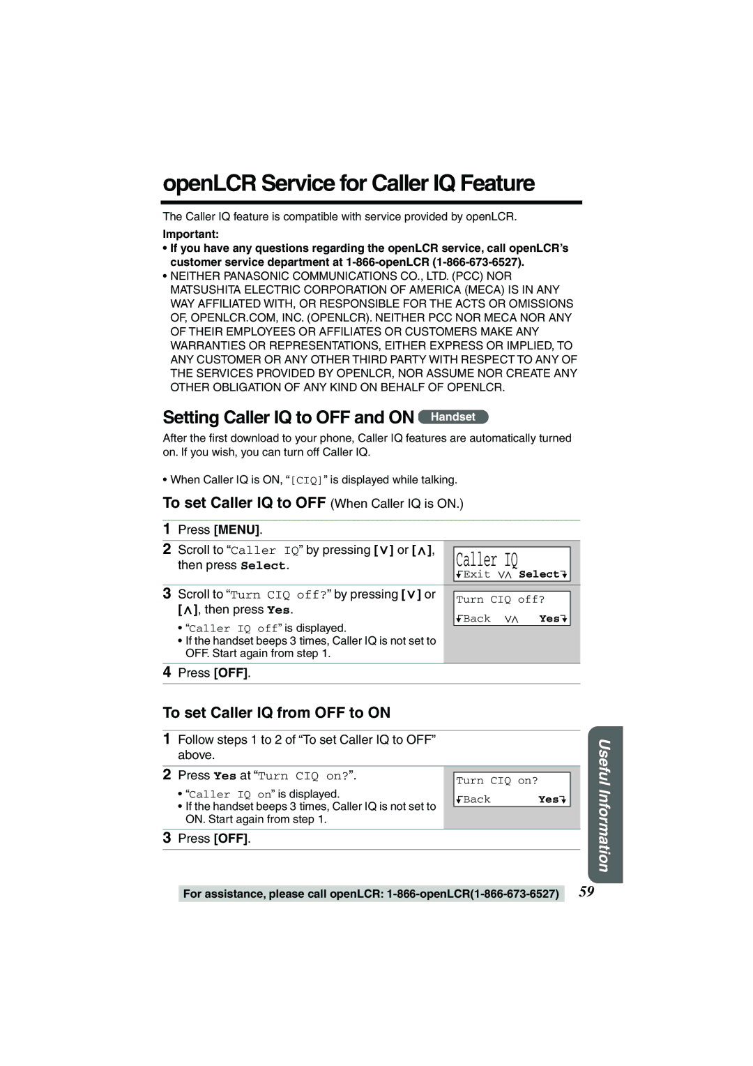 Panasonic TG2258PW operating instructions OpenLCR Service for Caller IQ Feature, Setting Caller IQ to OFF and on Handset 