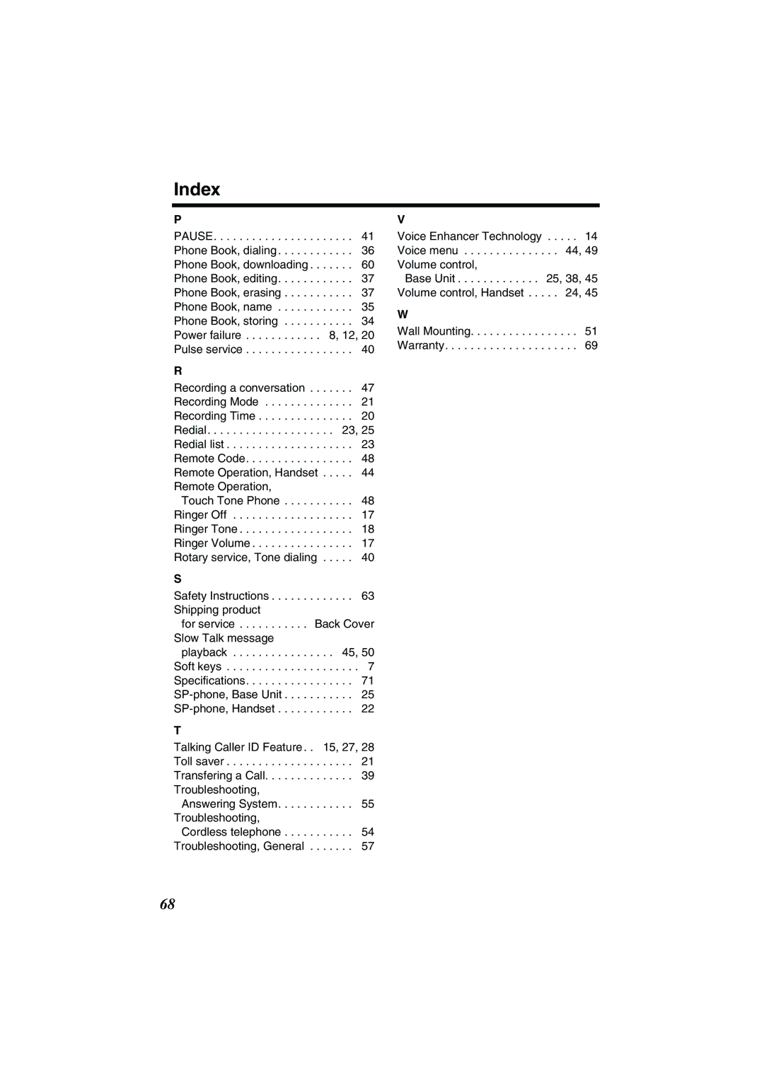 Panasonic TG2258PW operating instructions Index 